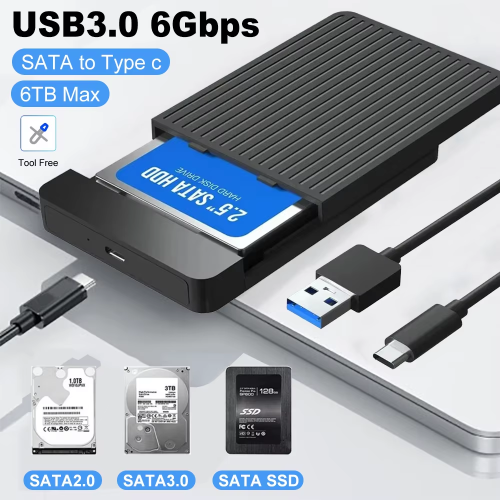 Immagine di Custodia per SSD da 2,5 Pollici con Adattatore USB-C 3.1 a SATA – Custodia Esterna per Disco Rigido HDD/SSD, Velocità Fino a 6 Gbps, Compatibile con PC, MacBook e Laptop