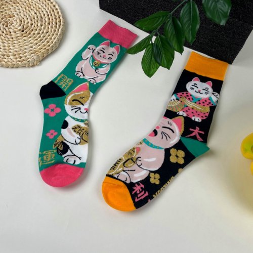Imagen de 1 par de calcetines de media pantorrilla para hombre de moda personalizados estilo Lucky Cat AB de dibujos animados en todas las estaciones