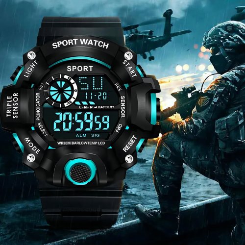 Mode herenhorloge Sport elektronisch polshorloge Grote wijzerplaat Multifunctioneel waterdicht lichtgevend alarm Kinder mannelijk militair horloge