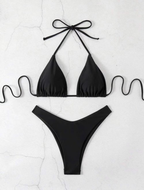Afbeelding van Stijlvolle en sexy bikini set voor dames 2025 – Effen wit, zwart en koffiekleurig halterbadpak met lace-up detail en Braziliaanse snit