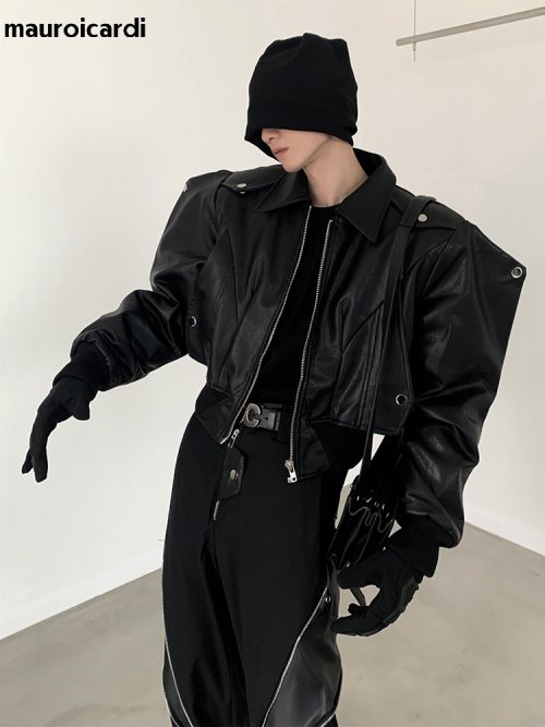 Image of Stylish Men's Oversized Black PU Leather Jacket with Shoulder Pads, Long Sleeve Zipper Design for Spring and Autumn Fashion