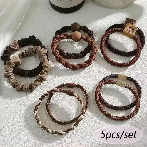 Bild von 5-teiliges Set Haarbander mit gemischten Stilen – Hochelastische Herzform-Gummibänder für Frauen und Mädchen, schadensfreie Pferdeschwanzhalter, Scrunchies