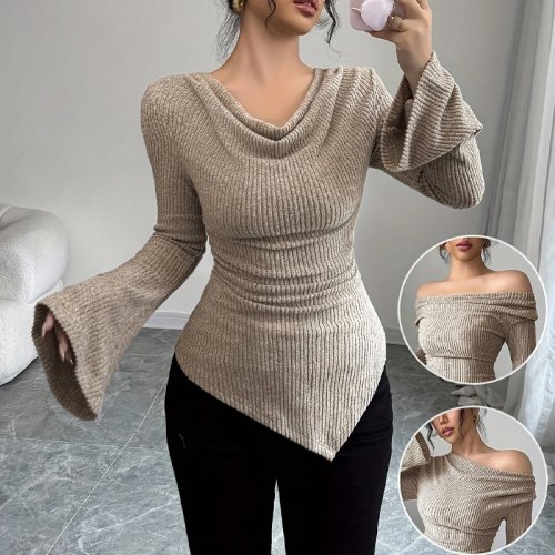 Afbeelding van 2025 Vrouwen Herfst Winter Lange Mouw Y2K Crop Top Trendy Off Schouder Asymmetrische Ingericht Gebreide V-hals Tee Shirts Tops streetwear