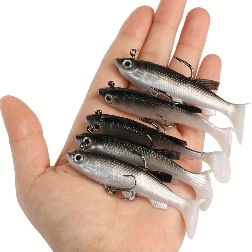 Image of 5-Piece Soft Silicone Swimbaits Set – 8cm 12.5g Jig Hooks for Pike, Bass, and Predator Fishing – Realistic Artificial Rubber Lures with Natural Action