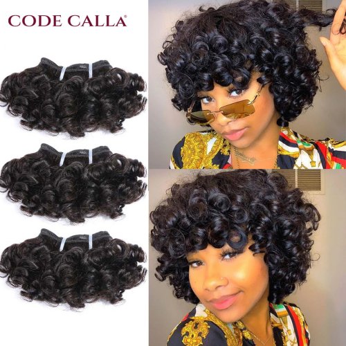 Afbeelding van Bouncy krullend haar bundels dubbele draw Indiase 6inch korte remy human hair extensions natuurlijke zwarte bruine kleur gratis verzending
