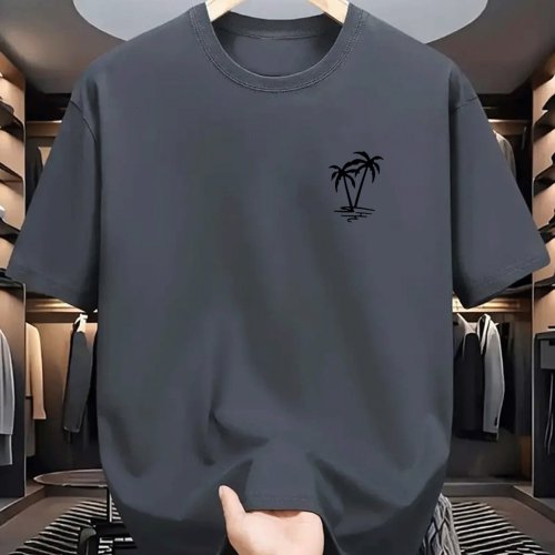Immagine di T-shirt da uomo estiva 100% cotone alla moda casual allentata con motivo albero di cocco stampato sportivo girocollo a maniche corte