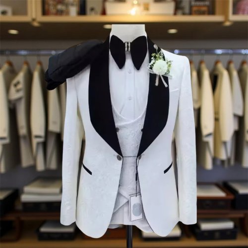 Afbeelding van Elegant Slim Fit Bruiloftpak voor Mannen - 3-delig Jacquard Tuxedo met Jasje, Broek en Vest voor Bruidegom en Bruidsjonkers 2025