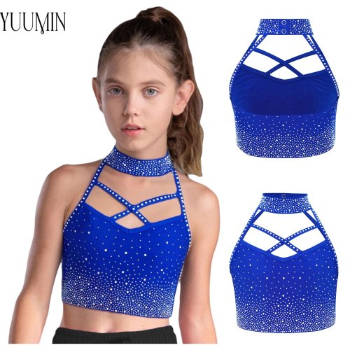 Image of Sparkly Rhinestone Halter Crop Top for Kids' Gymnastics and Dance Performances – Sleeveless Cross-Front Backless Design for Stage Shows