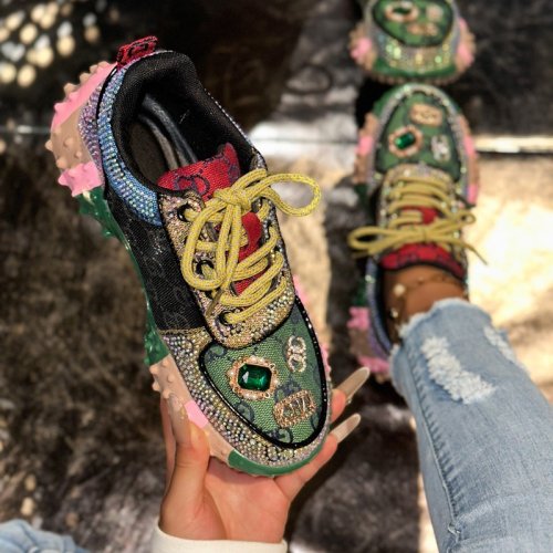 Image of Fashion Casual Shoes Rhinestone Shoes Women Luxury Sneakser Diamond Breathable  Designers Casual Platform Non Slip Running Shoes