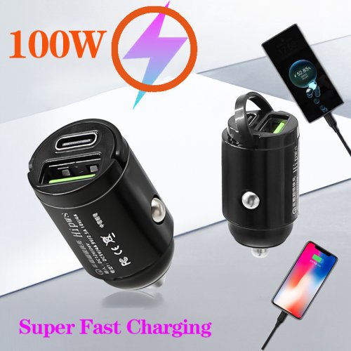 Image of Compact 100W Dual-Port Car Charger with PD & QC Fast Charging for Seamless On-the-Go Power