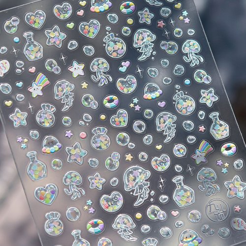Afbeelding van Zelfklevende 5D Nagelstickers met Kleurrijke Kwallen, Regenboogringen en Oceaansterren – Natuurlijke Nageldecoratie voor een Magische Manicure