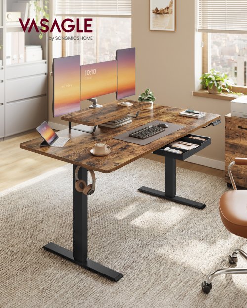 Image of Ergonomic Electric Height Adjustable Desk with 140 x 70 cm Workspace, Flexible Monitor Mount, Built-in Drawer, USB-C Port, and Sedentary Reminder for Home Office Use