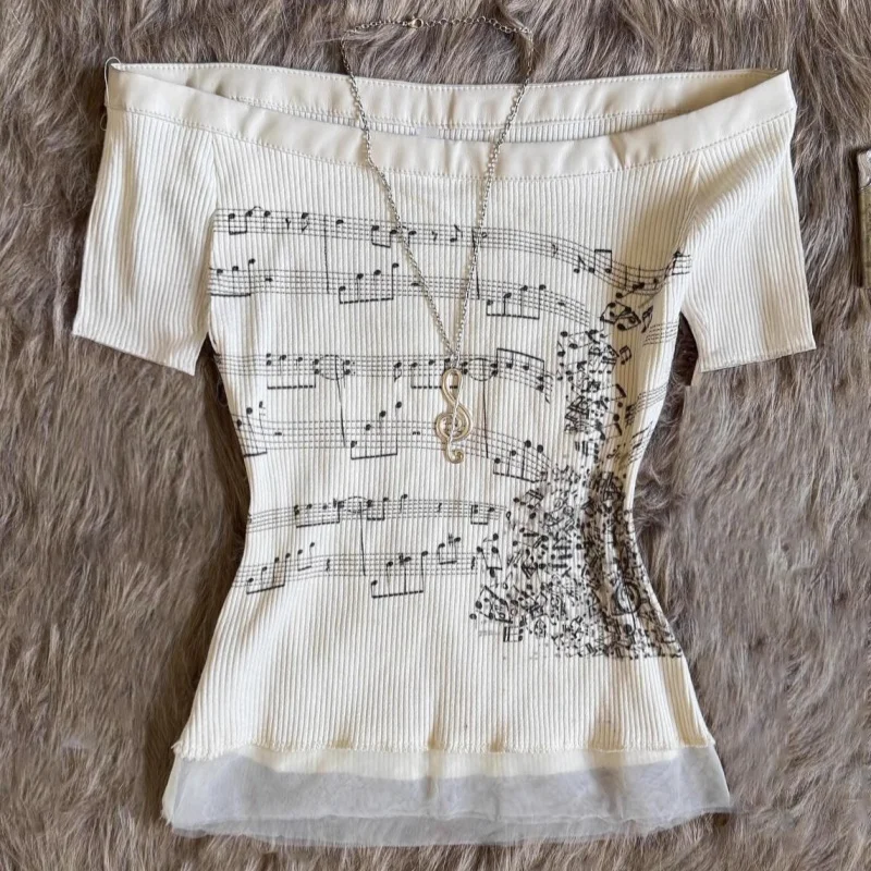 Zdjęcie Koreańskie 2000s Punk Goth Girls Graphic Tops Off Shoulder Sexy Lace Cotton T Shirts Cute Music Pattern Y2K Sweet Women Crop Tops