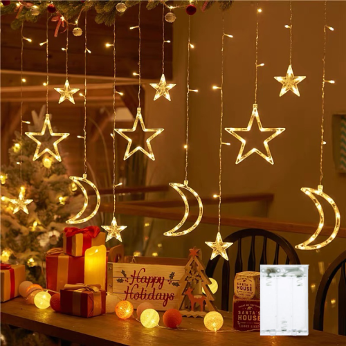 Image of Battery-Powered Star Moon String Lights – 3.5m LED Curtain Fairy Lamp for Garden, Wedding, Party, and Festival Decor