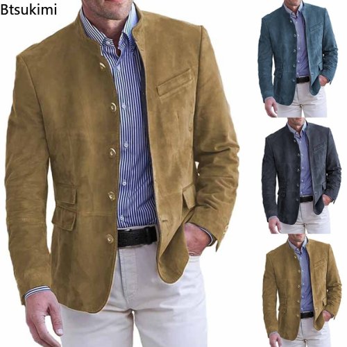 Afbeelding van Elegante Heren Business Casual Blazer met Effen Standaard Kraag – Perfect voor Herfst en Winter, Dagelijks Draagbaar en Geschikt voor Commuter en Kantoorgebruik