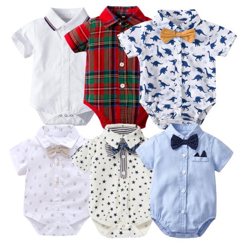 Imagen de Body para niños recién nacidos con pajarita, pelele de algodón para bebé, traje Formal de manga corta con estampado de animales de dibujos animados suaves para niños