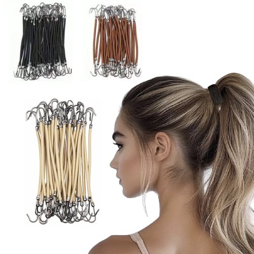 Image of Natural Rubber Elastic Hair Bands with Hook Design – 30-Pack Ponytail Holders for Women, Gentle on Hair, Reusable Bungee Hair Ties & Styling Accessories