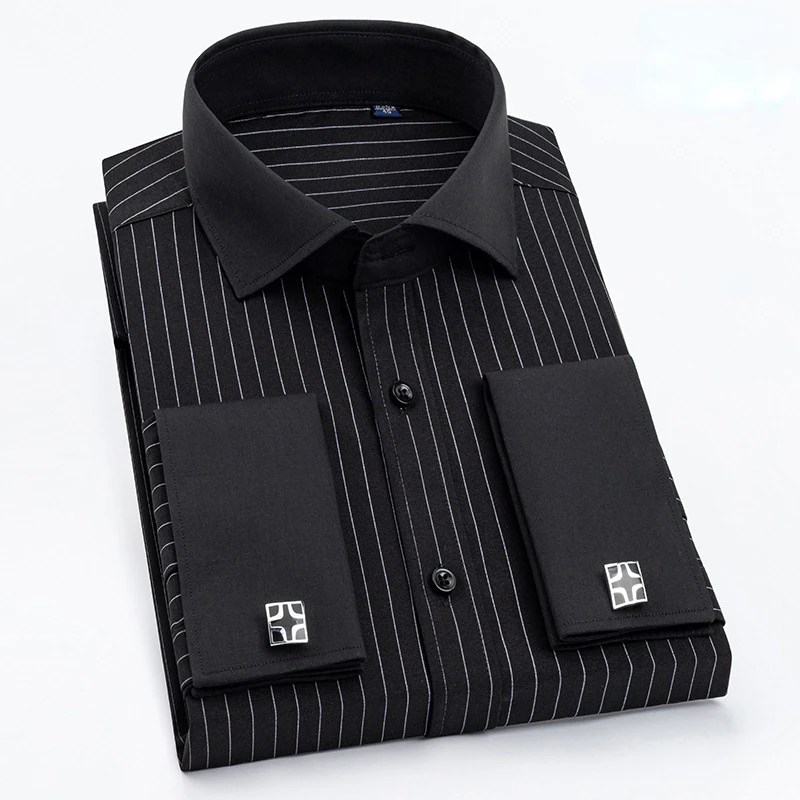 Afbeelding van Elegante Herenoverhemd met Franse Manchetknopen – Langarm Slim Fit Casual Overhemd met Verborgen Knop en Inbegrepen Manchetknopen