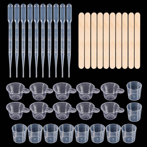 Imagen de Kit de herramientas de fundición para mezclar resina, 10 tazas mezcladoras, 10 tazas medidoras, 10 palos de madera, 10 cuentagotas, manualidades, fabricación de joyas