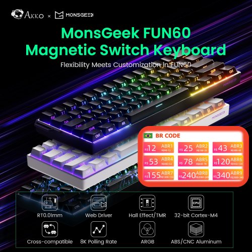 Akko MonsGeek FUN60 Mechanisch toetsenbord Magnetische schakelaar 60% gamingtoetsenborden Snelle trigger 0,01 mm 8K ARGB HE/TMR Aangepast toetsenbord