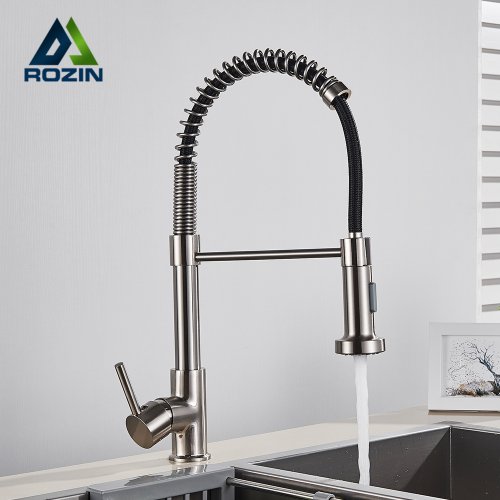 Imagen de Grifo de Cocina de Níquel Cepillado con Boquilla Rociadora Giratoria de 360 Grados, Mezclador Montado en Cubierta para Fregadero, Agua Fría y Caliente