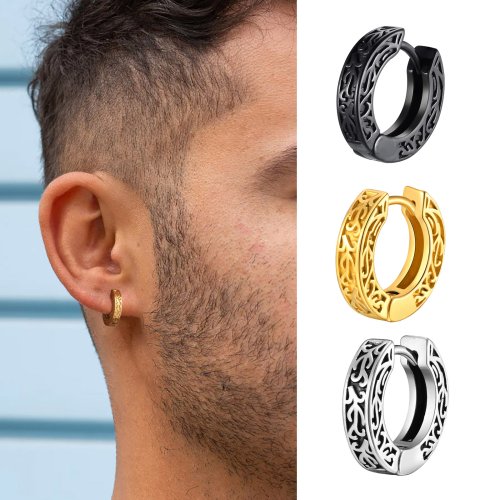 Afbeelding van Stijlvolle Zwarte Roestvrijstalen Hoepel Oorbellen voor Mannen en Tieners – Anti-Allergische Huggies met Totaal Design voor Rock & Punk Look