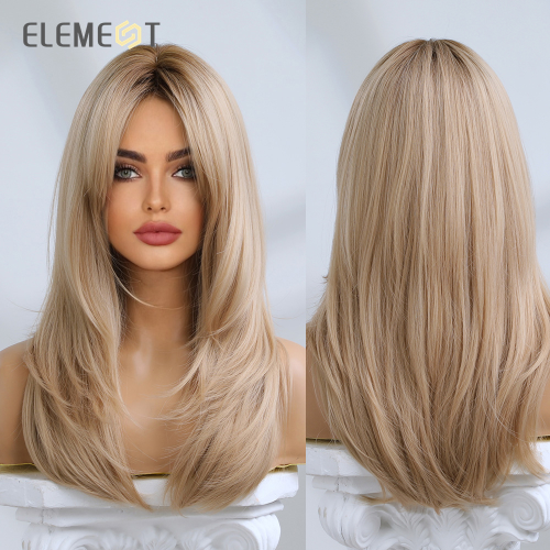 Image of Natural-Looking Long Straight & Wavy Synthetic Fiber Wig for Women – Brown and Blonde Colors with Bangs, Heat-Resistant, Fashionable Daily Wear & Party Wig