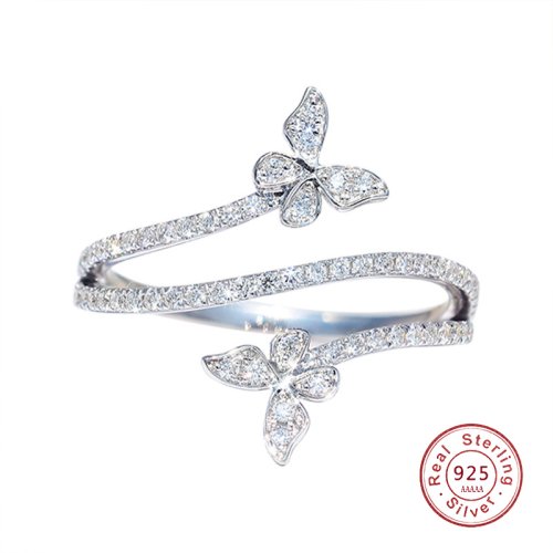 Imagen de Anillo de Mariposa Doble en Plata de Ley 925 con Circonita Transparente, Joya Elegante para Compromiso y Boda, Regalo Perfecto para Mujer