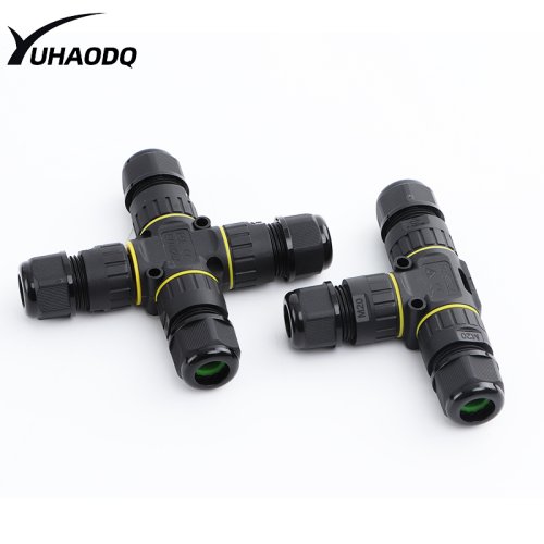 Immagine di Connettore Impermeabile IP68 a Forma di T per Luci LED – Ramificazione 3 Vie e 4 Vie, Resistente alla Pioggia e all'Acqua, Adattatore Cavo da 2, 3 o 4 Poli per Uso Esterno