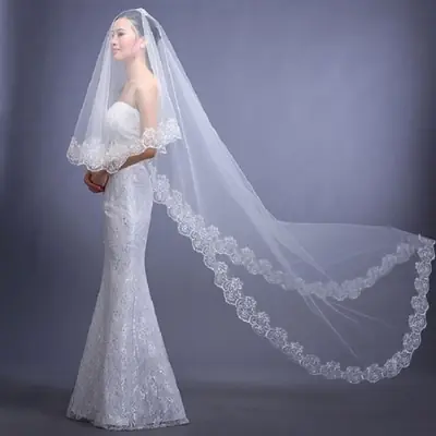 Image de Voile de Mariée Blanc 3m - Dentelle Florale Brodée