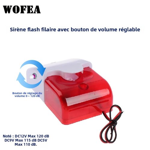 Afbeelding van Bekabelde DC5-12V flitssirene met instelbare volumeknop tot 120DB en stroboscoop rood knipperlicht voor beveiligingsalarmsystemen