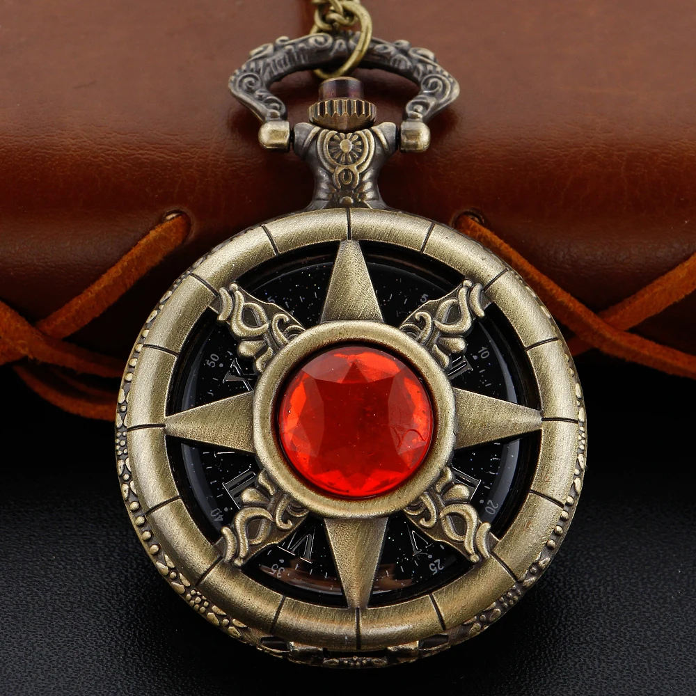 Image of Vintage-Style Quartz Pocket Watch with Ruby Seven-Star Charm – Retro Chain Necklace Pendant for Men and Women – Elegant Timepiece & Fashion Accessory