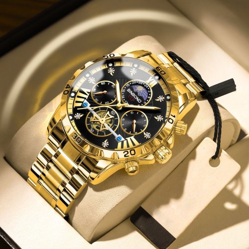Image of Top Brand Men Watch  High end Authentic Business Night Light Waterproof Flywheel Gold Steel Belt Male Fashion Quartz Wristwatch