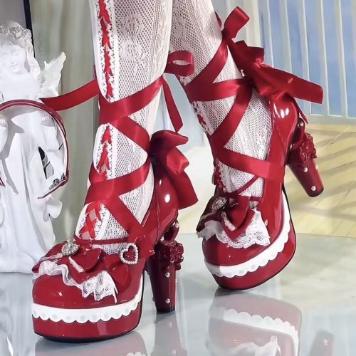 Imagen de Zapatos de Cuero Rojo con Rhinestones para Mujer, Estilo Lolita Japonés, Tacones Altos Talla 42, Ideal para Cosplay y Estilo Y2K Urbano