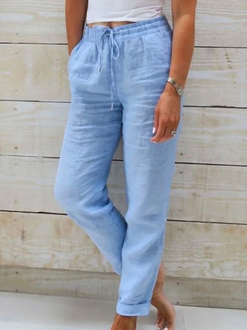 Immagine di Pantaloni Estivi in Lino di Cotone 2025: Modello Casual con Vita Alta, Elastico e Taglio a Matita Largo per Donna, Stile Streetwear Moderno e Traspirante