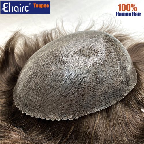 Image of Natural Looking Men's Hair Prosthesis with Injection Skin Base - 100% Human Hair Toupee for Male Hair Loss, 0.12-0.14mm Capillary Density