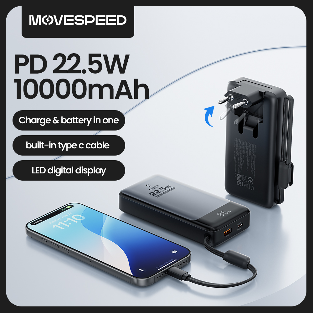 Image of MOVESPEED MSP17 Power Bank 10000mAh 22.5W Portable Fast Charger and Battery in one Powerbank with Folding EU plug for Smartphone
