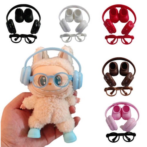 Image of Stylish Plastic Headphone Set & Glasses Accessories for Labubu V1 V2 Shoes – No Lenses, Plush Doll Decoration, Perfect Birthday Gift
