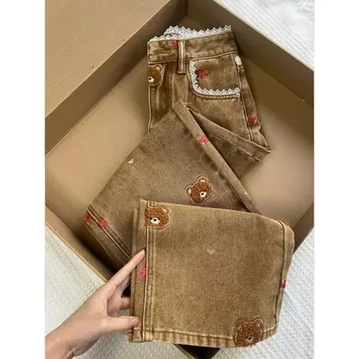 Image de Jean Dentelle Ours Brodé - Style Patchwork Haute Taille