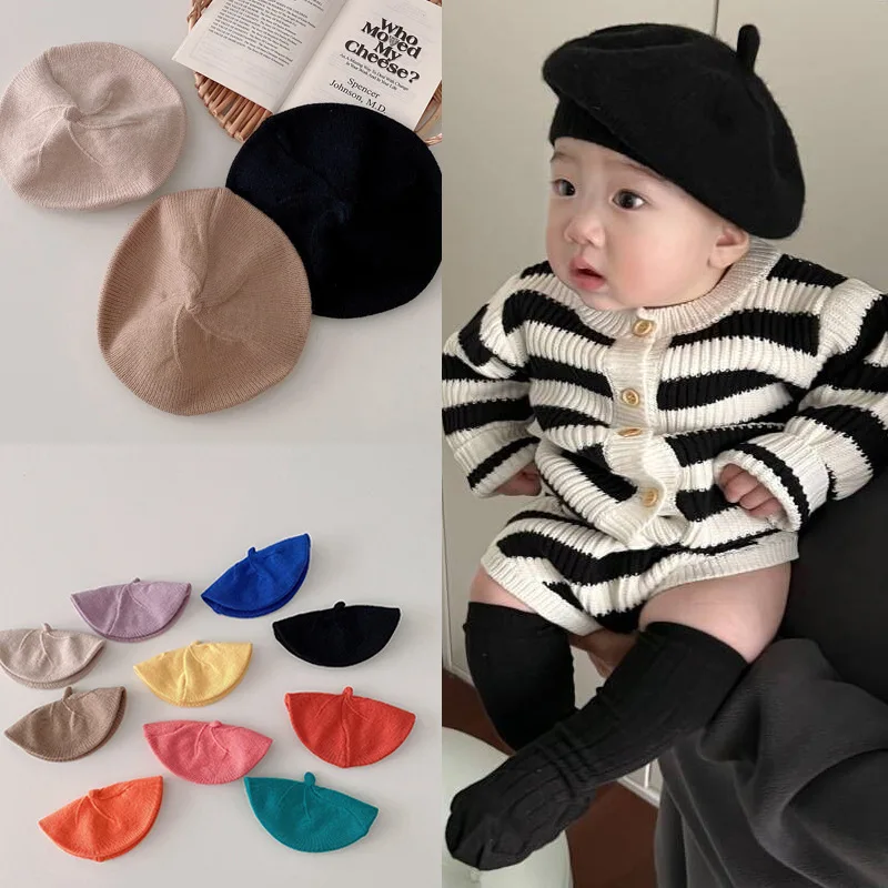 Imagen de Gorro de boina tejido para bebé, gorros cálidos de Color sólido para niño, gorro de otoño e invierno para niño, accesorios para gorro al aire libre, regalo