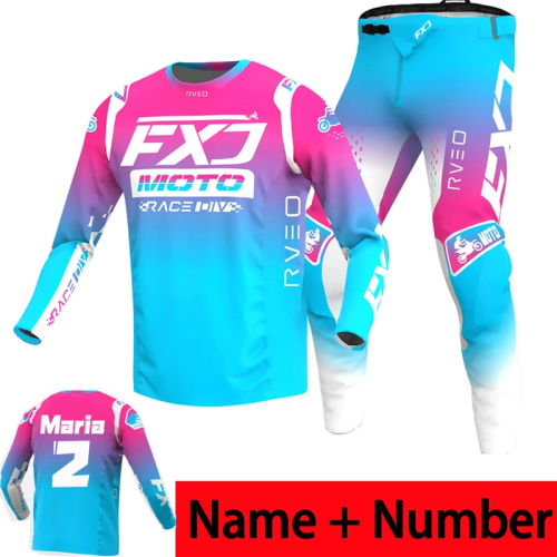 Immagine di Set Completo da Motocross Enduro 2025 - Pantaloni Rosa in Jersey e Tuta Verde per Moto Cross, MTB e Corsa Fuoristrada