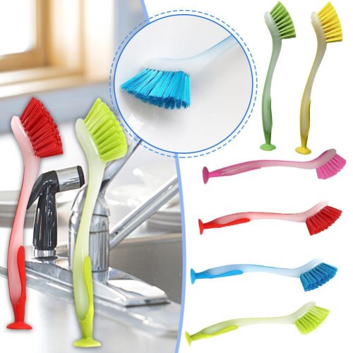 Image of Eco-Friendly Multi-Functional Kitchen Cleaning Brush with Suction Cup Base and Long Handle for Deep Scrubbing Pots, Pans, and Sink Surfaces