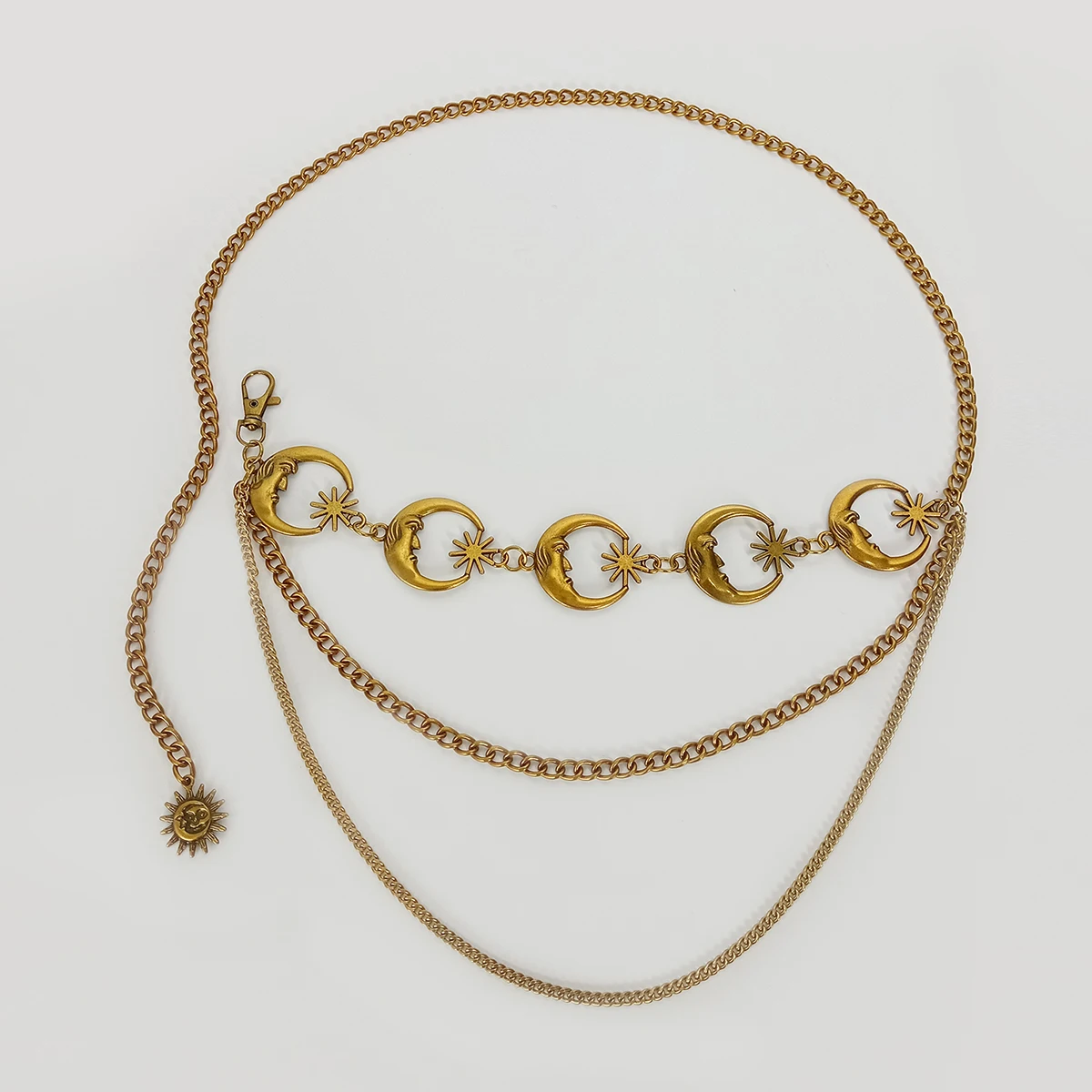 Imagen de Cinturón de cadena de oro Vintage a la moda para mujer, cinturones de diseñador de Metal con Luna gó...