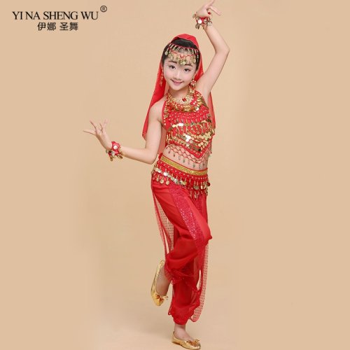 Immagine di Costumi di Danza del Ventre per Bambini – Set Completo di Abiti Orientali per Ragazze con Stile Egitto, Bollywood e India in 6 Colori Vivi