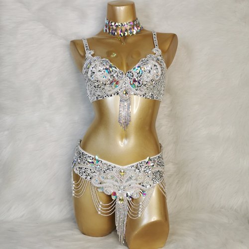 Image of Elegant Beaded Belly Dance Costume Set for Women – 2-Piece Bra and Belt Ensemble for Stage, Carnival, and Performance Wear