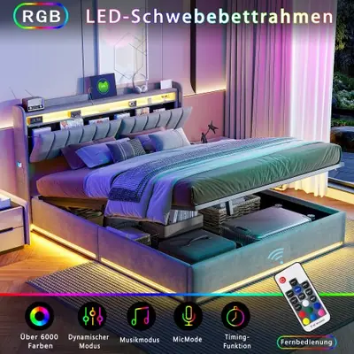 Image de Lit Double avec Tête de Lit LED et USB