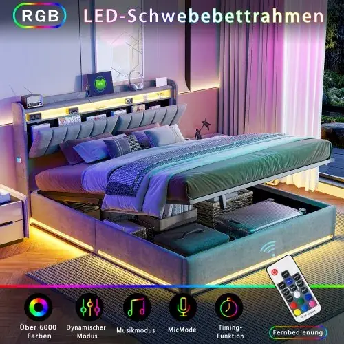 Image de Lit Double avec Tête de Lit LED et USB