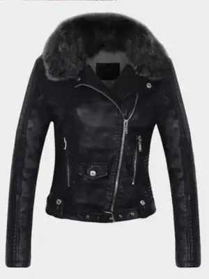 Image de Veste en similicuir femme hiver col fourrure ceinturée style moto