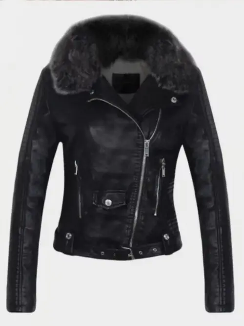 Image de Veste en similicuir femme hiver col fourrure ceinturée style moto
