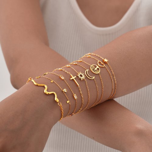 Immagine di Bracciale da Donna Minimalista in Acciaio Inossidabile con Croce a Forma di Mezzaluna e Stella, Catena Sottile Regolabile per Stili Impilati